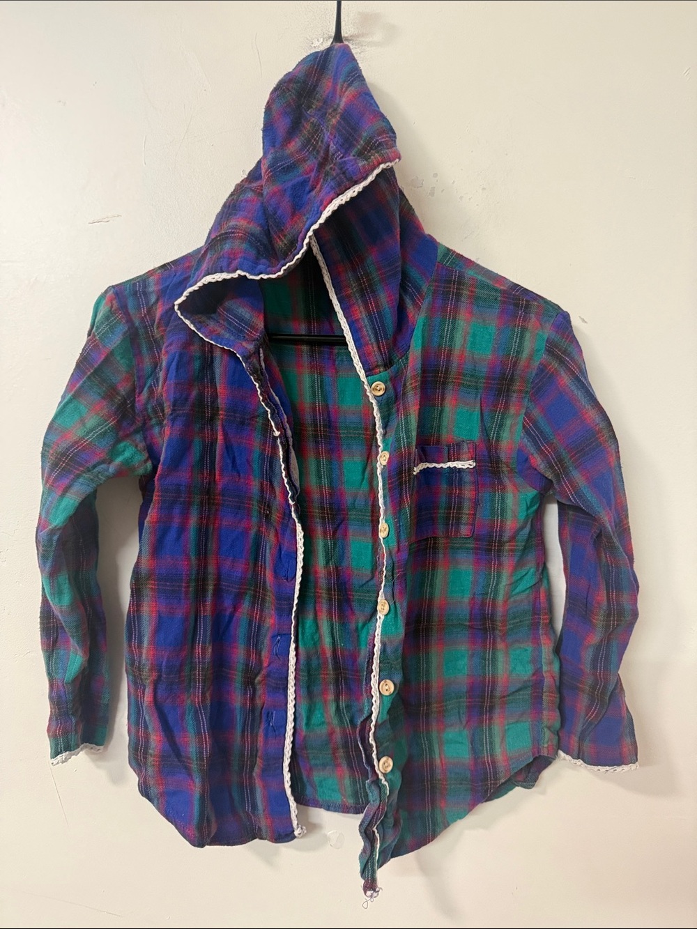 Kids Hooded Plaid Button-Up Jacket - Blue & Green 90’s